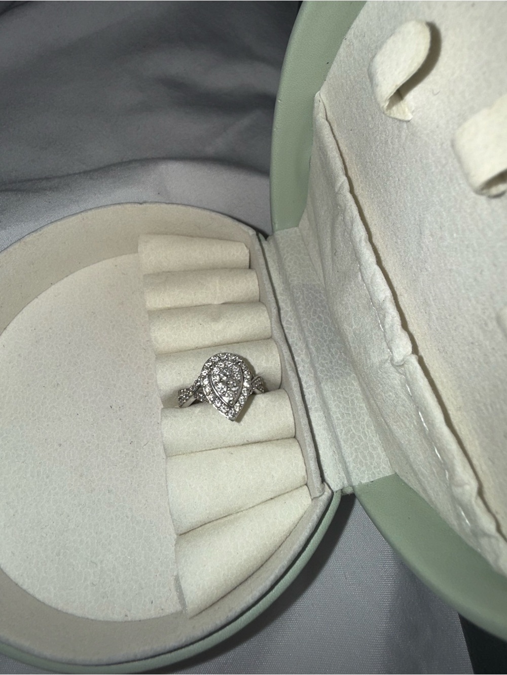 Zales Silver Pear-Shaped Halo Ring with Clear Stones